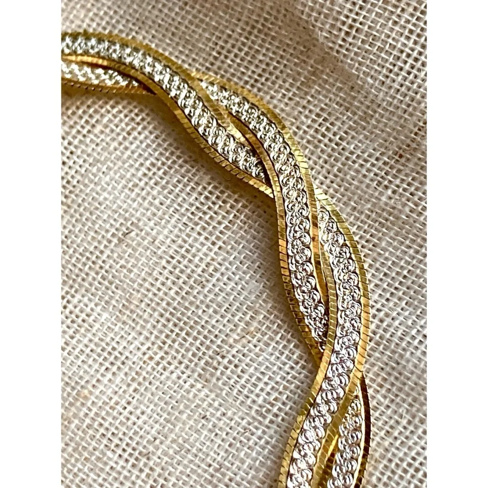 Two-Toned 925 Sterling Silver & Gold Overlay Bracelet Flat Herringbone Twist - Picture 4 of 13